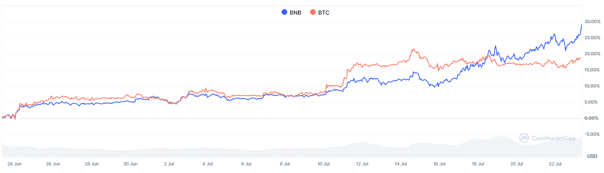 BNB vs. BTC Monthly Gains – Source: CoinMarketCap