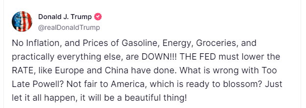 Trump's Truth Social post, source: Truth.